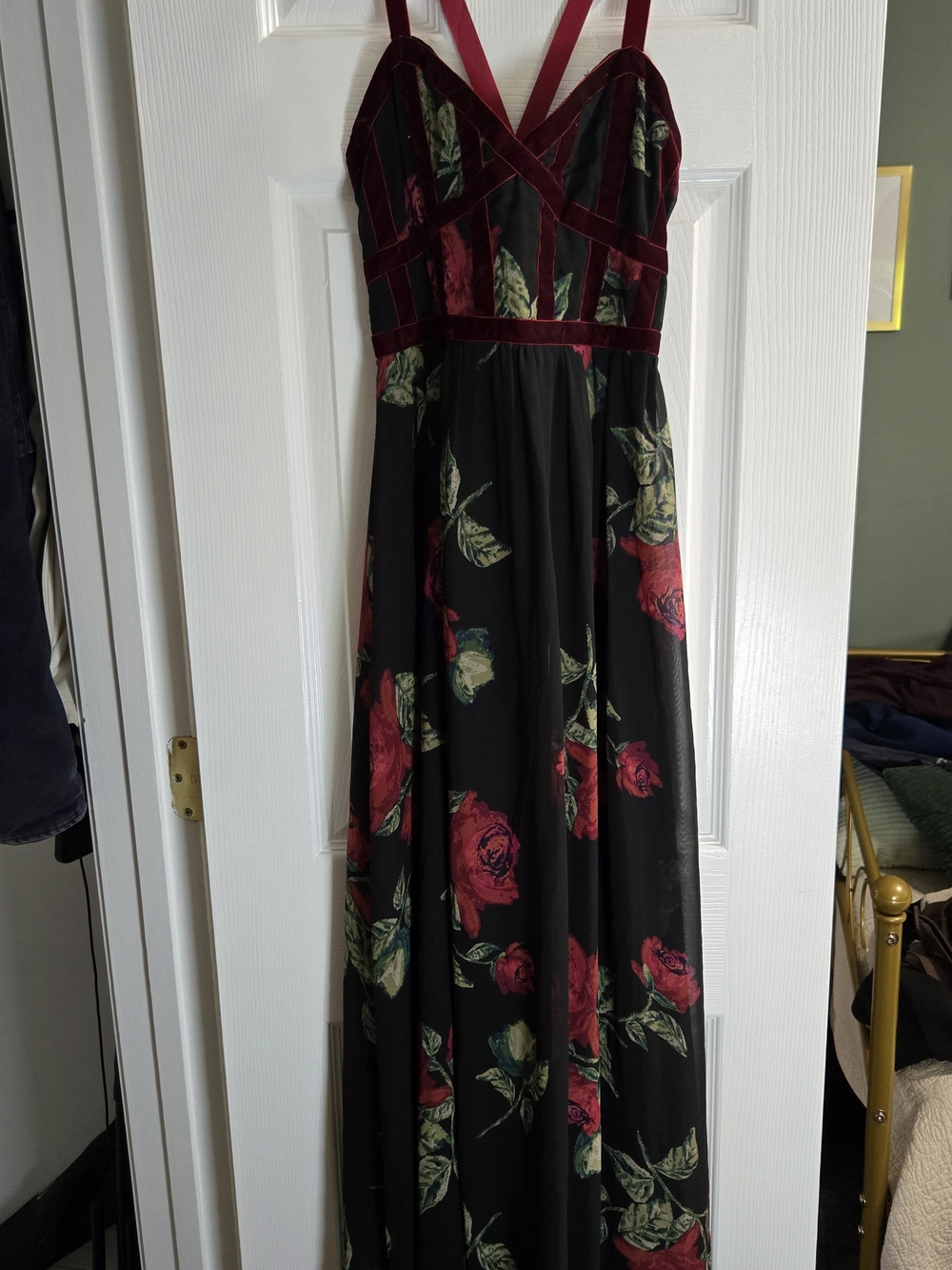 Altar'd State Black Maxi Dress with Red Rose Print and Burgundy Velvet Trim
